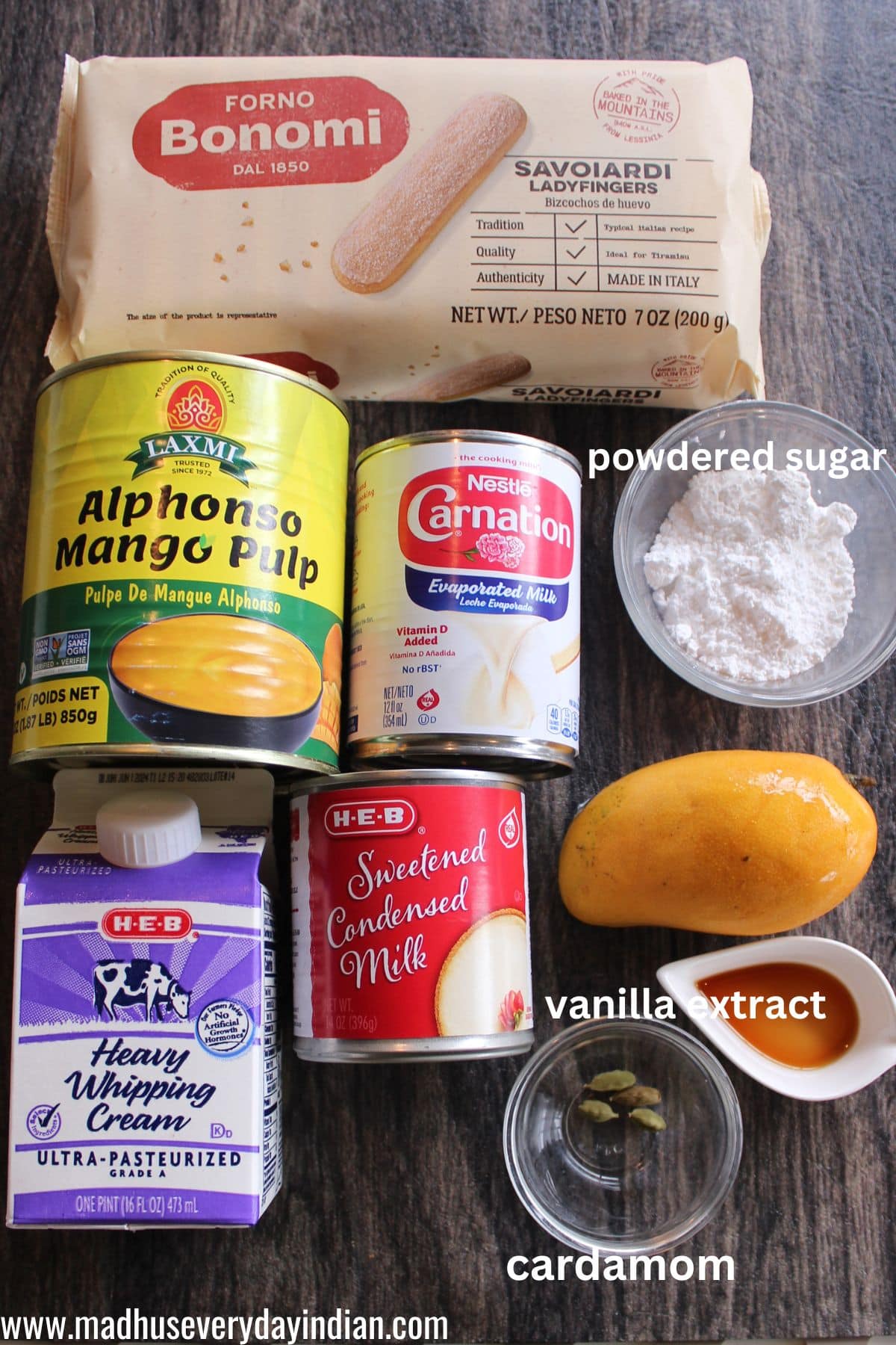 picture of all the ingredients needed to make mango tres leches cake